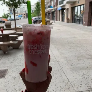 Lychee and Strawberry Horchata split cup.