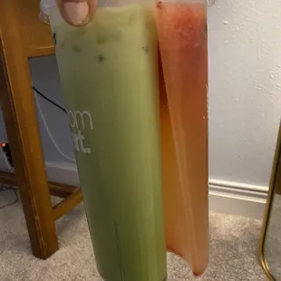 Matcha and strawberry lemonade no boba.
