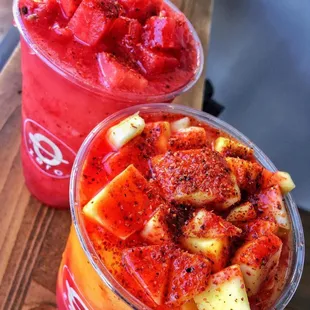 Spicy Watermelon and Mangonada slush drinks contain chamoy, tajin, and fresh fruit chunks.