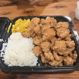 Garlic Butter Salt Popcorn Chicken with Rice and Corn