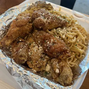Garlic noodle and hot wings