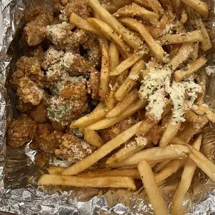 Garlic salt popcorn chicken and fries