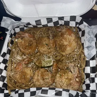 Garlic Noodles and Crispy Fried Shrimps