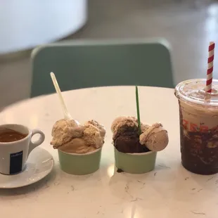 three cups of ice cream and a cup of coffee