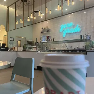 a cup of coffee sitting on a table