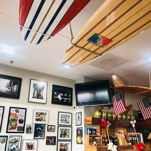 a surfboard hanging from the ceiling