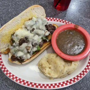 I had the Philly steak, and swapped out my coleslaw for mashed potatoes. Delish!!