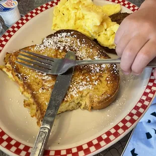 French toast, eggs and sausage kids menu