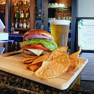 a burger and chips
