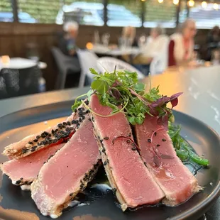 a plate of seared tuna