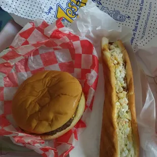 Foot long chili dog and cheese burger