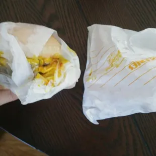 To top off a poor experience, I had condiments all over even other items in the bag. Gross.