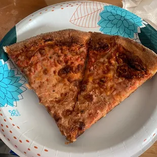 two slices of pizza on a paper plate