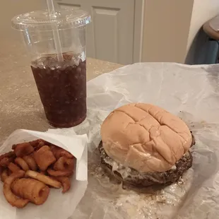Curly Fry with Swiss Mushroom burger.