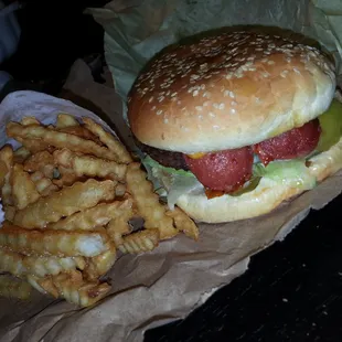 Hotlink burger and crinkle-cut fries