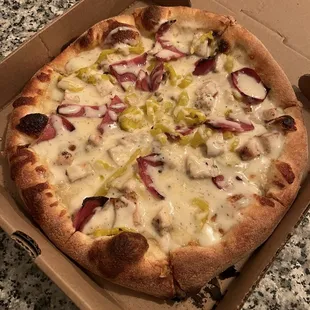 Chicken Bacon Ranch Pizza with banana peppers