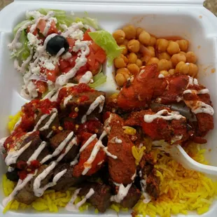 Combo kebab with rice, chick peas and salad.