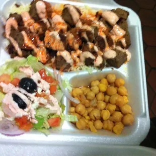 Lamb platter w/chickpeas, wild salad, spicy.