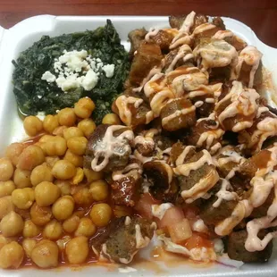 Lamb over salad with sides of spinach sauteed w/ garlic and chick peas in tomato sauce.  $9.90 incl tax.