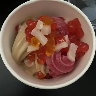 Carmel corn yogurt and pomegranate yogurt with strawberry boba.