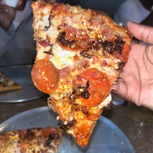 Pepperoni, bacon, &amp; Philly cheese steak pizza