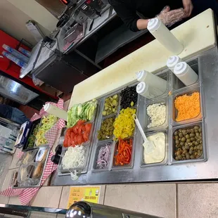 a buffet with a variety of food items