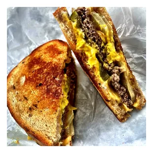 Petty Melt!Pretty Good! (Beef Patty Grilled Onions Pickle! Cheese &amp; Mustard! on Tasted Rye Bread) One of The Best I Ever Eat! Pretty Cool!