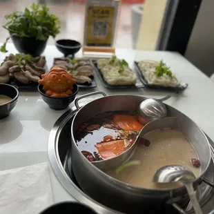 House Special Beef Spicy (Beef Oil) Soup Base, Pork Bone Soup Base, Mushrooms, Crown Daisy, Udon