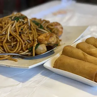 F13. Seafood Lo Mein and egg rolls
