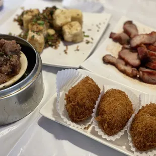 Siumai, salt and pepper tofu, bbq pork, taro puff.