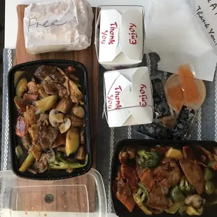 Roast Pork with Mixed Vegetables and S5. Triple Delight Special. With rice  and Shrimp Egg Roll