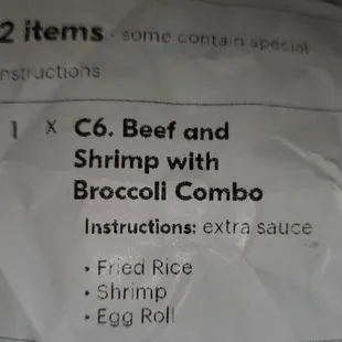 Receipt   C6. Beef and Shrimp with Broccoli Combo