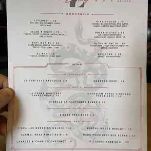 Cocktails and wine menu