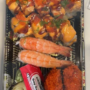 Lion king roll and ebi sushi and Tobiko sushi