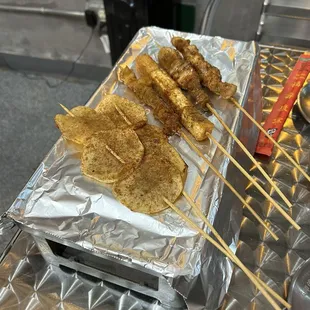 Potato Slice(2)-(2)Fish Tofu-Chicken Skin Skewer-Pork Belly Skewer-