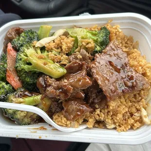Beef &amp; Beef w. Broccoli with fried rice.