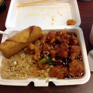 Orange chicken, fried rice, egg roll