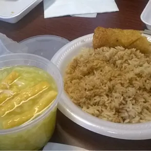Egg drop soup with crunchy noodles and fried rice