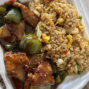 Pepper steak and chicken fried rice