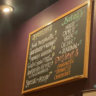 a menu on the wall