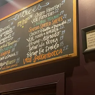 a menu on the wall