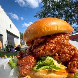 Generous portion of the Hot Honey Chicken Sandwich &amp; Pomme Frite with green sauce