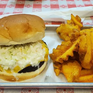 Smoked Slawburger $3.99 and 100% delicious. Don't miss these waffle fries.