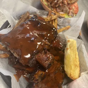 Half slab basket and half of a pulled pork salad