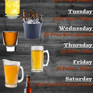 Happy hour and 7 day per week special drinks