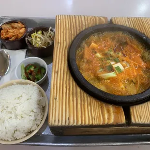 Army stew (ramen w/ spam, sausage, beans (omitted), kimchi, rice cakes, beef, tofu, and zucchini)