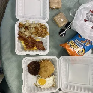 My breakfast. Breakfast box and pancake platter