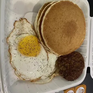 Pancake Breakfast platter with sunny side up eggs &amp; turkey sausage $5.65