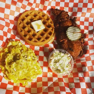a waffle with a side of coleslaw