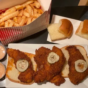 Hot chicken tenders. Fries. Sauce. (That's my Hawaiian Bread) I ate it all in one sitting because it was delicious and I'm a pig.